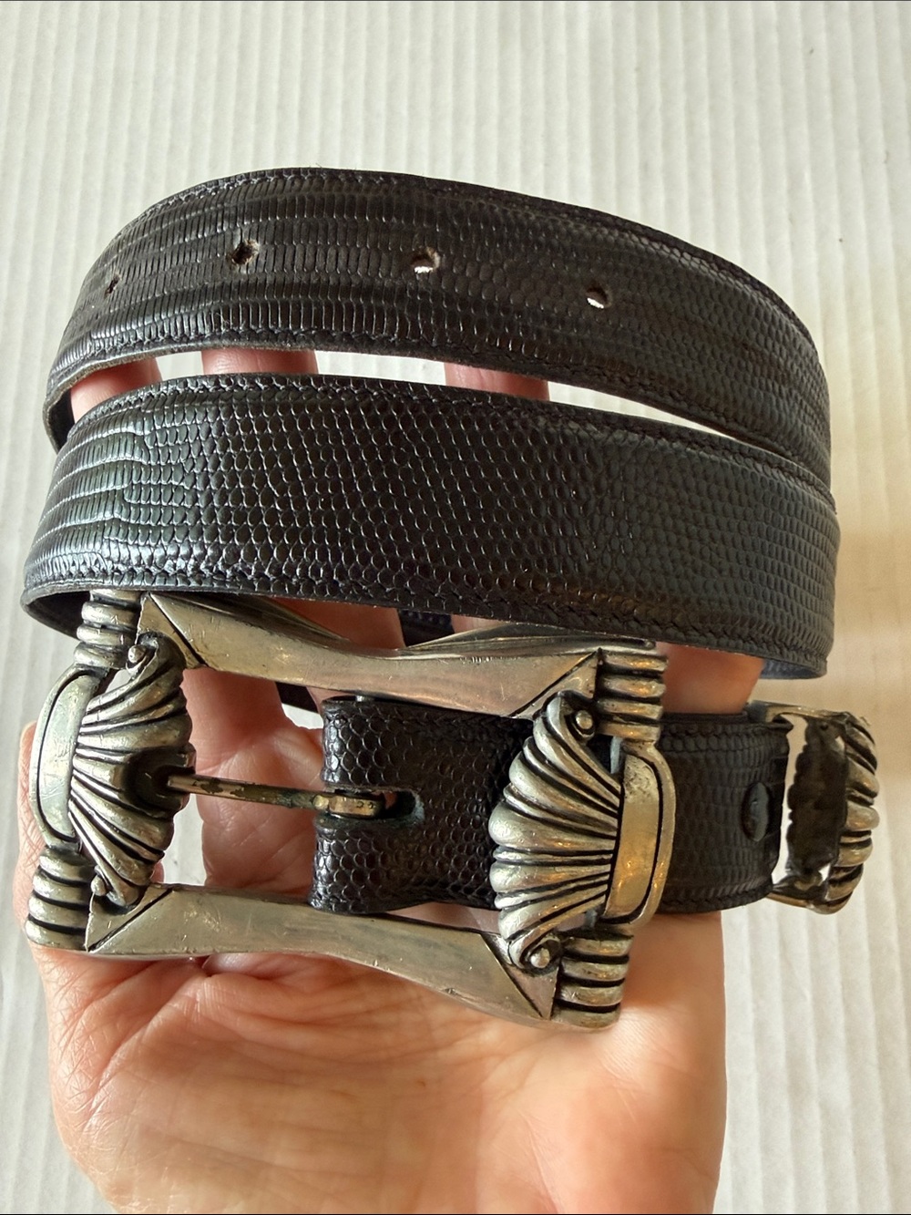 Fahrenheit Pewter Sculptural Buckle Connie Bates Black Leather Belt Wearable Art